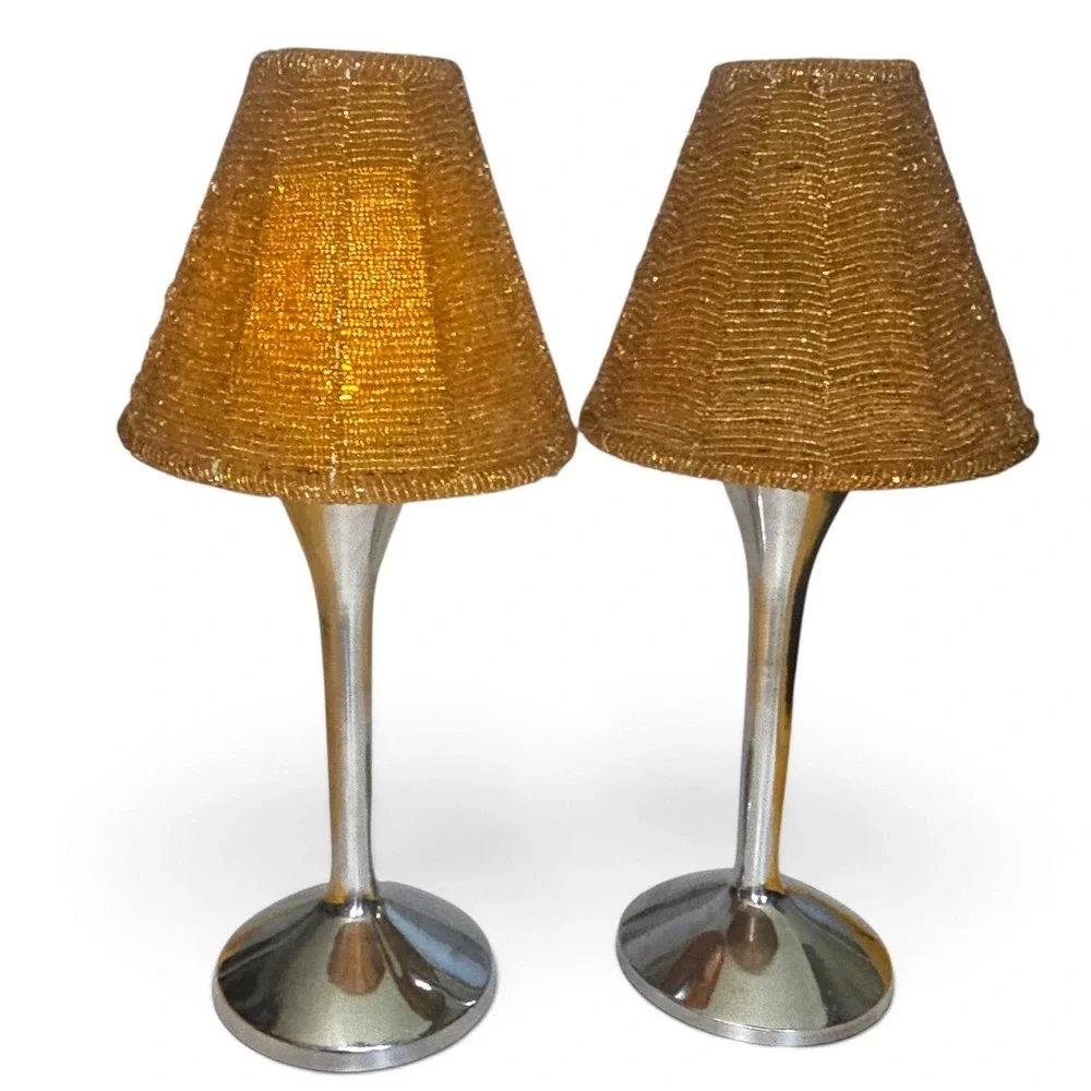 Silver Pedestal Tea Light Candle Holders with Amber Gold Beaded Shades Set of 2